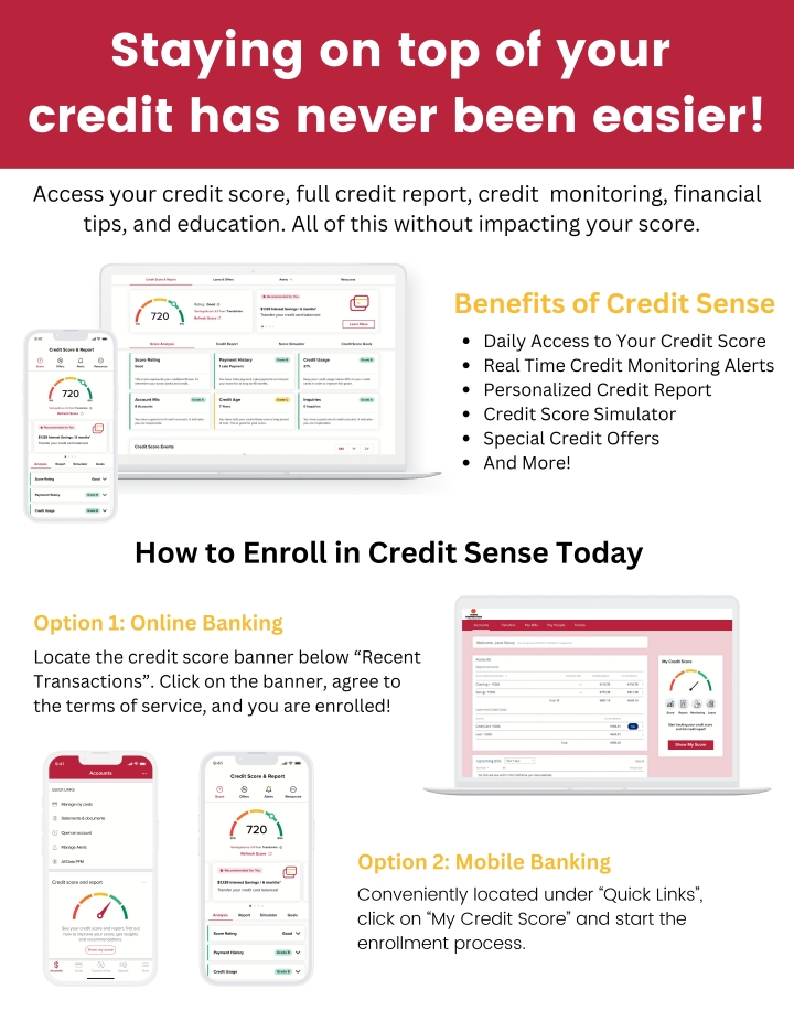 Informational graphic titled “Staying on top of your credit has never been easier.” Shows Credit Sense features including credit score access, credit monitoring alerts, personalized credit reports, and a credit score simulator. Images display sample credit dashboards on a laptop and smartphone. Step-by-step enrollment options are shown for online banking and mobile banking.