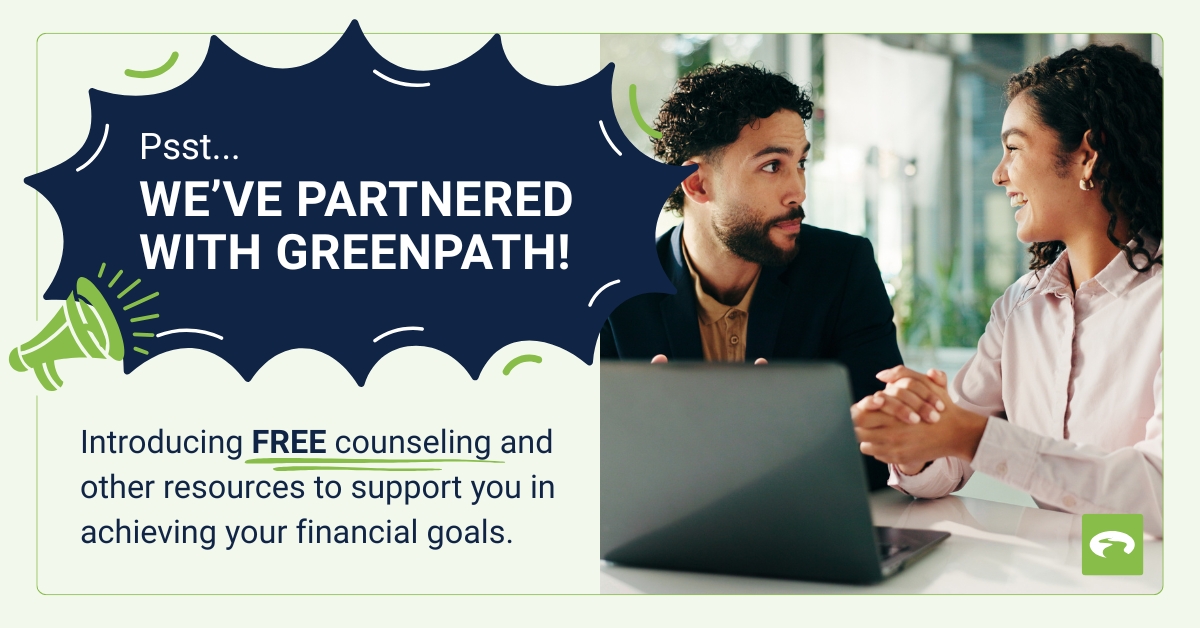Graphic announcing Miami Firefighters Credit Union’s partnership with GreenPath Financial Wellness. On the left, text reads: “Psst… WE’VE PARTNERED WITH GREENPATH! Introducing FREE counseling and other resources to support you in achieving your financial goals.” On the right, a smiling man and woman sit at a table with a laptop, talking together. The GreenPath logo appears in the bottom right corner.
